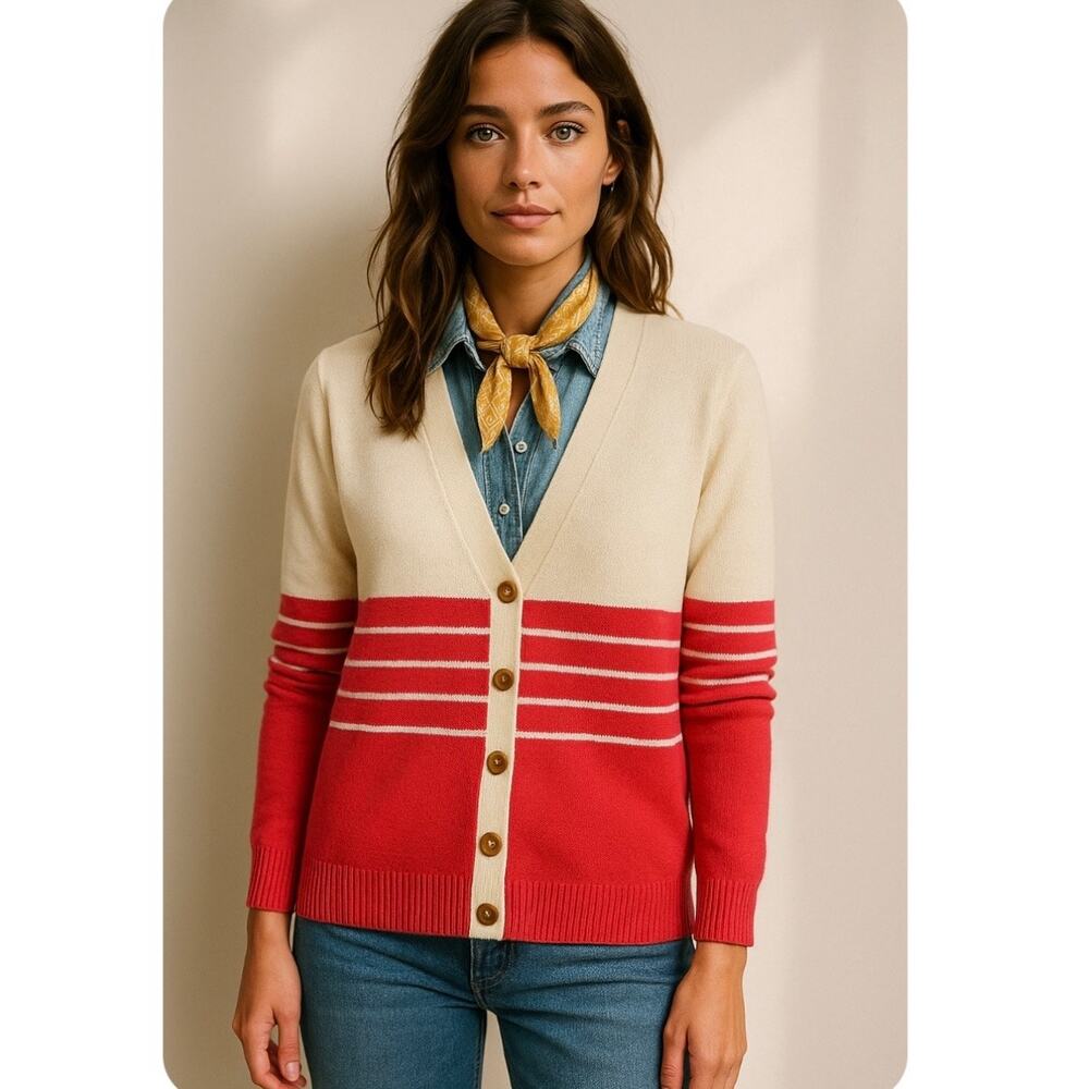 Vintage ST. JOHN Sportswear Santana Knit Cardigan L Cream Pink Gold Buttons USA